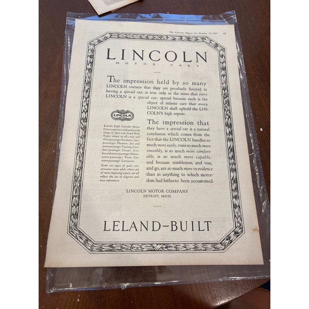 Lincoln Motor Cars 1921 Vintage Print Ad Leland-Built Automotive Decor Art